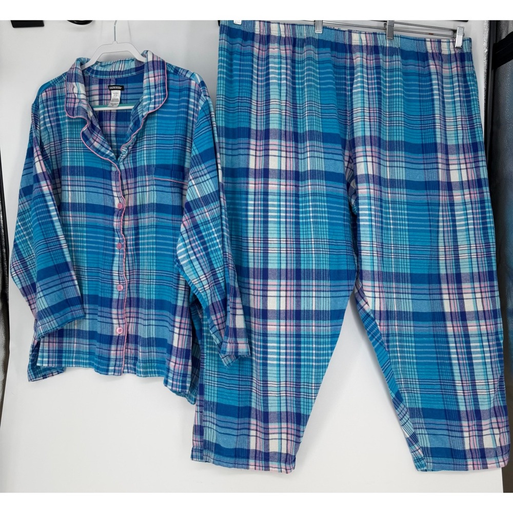 Joe Boxer Pajama Set Womens 4X Blue Plaid Cotton Flannel Lounge Sleepwear Casual
